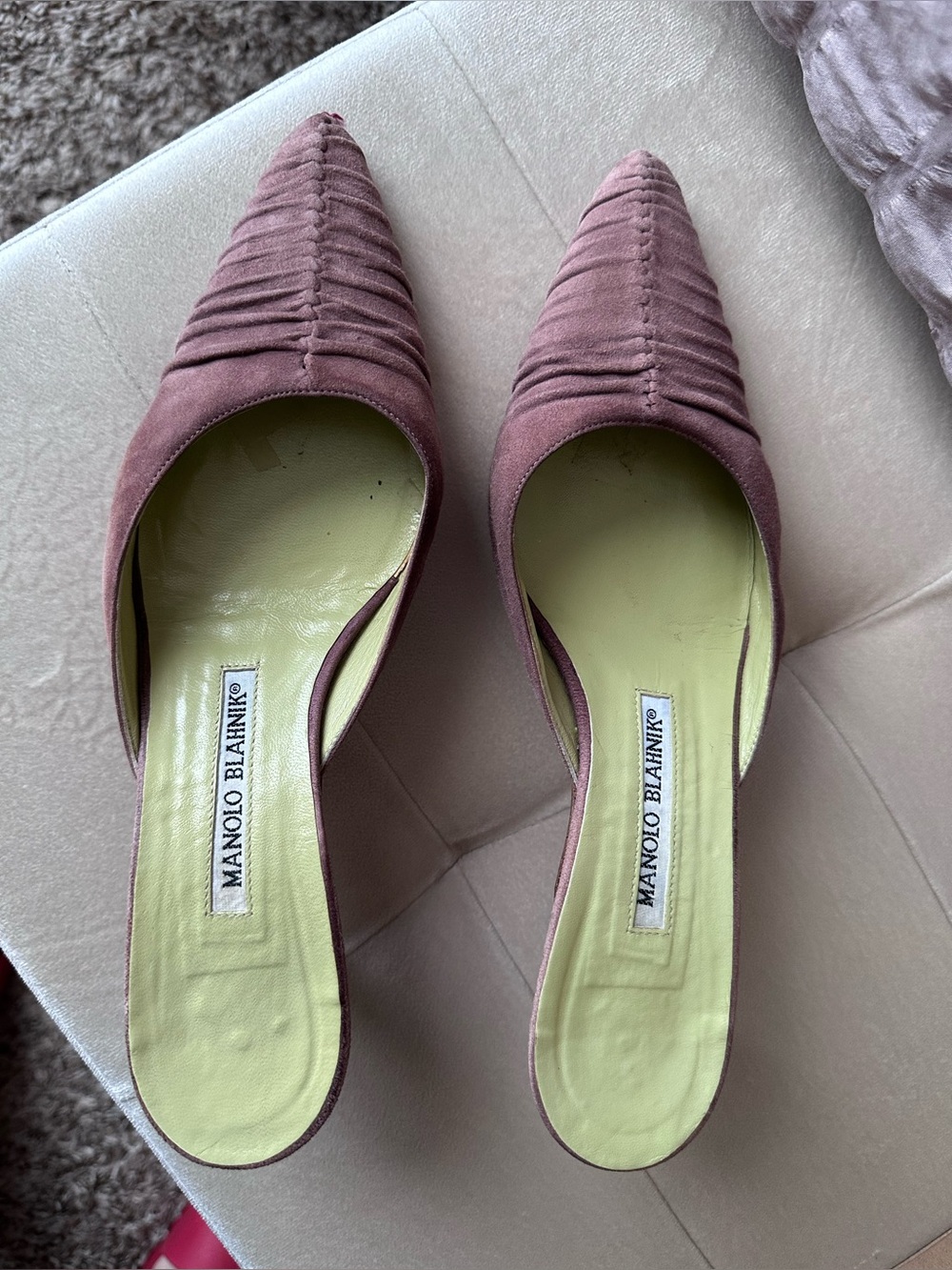 Manolo Blahnik Mauve Suede Pointed Ruched Mules